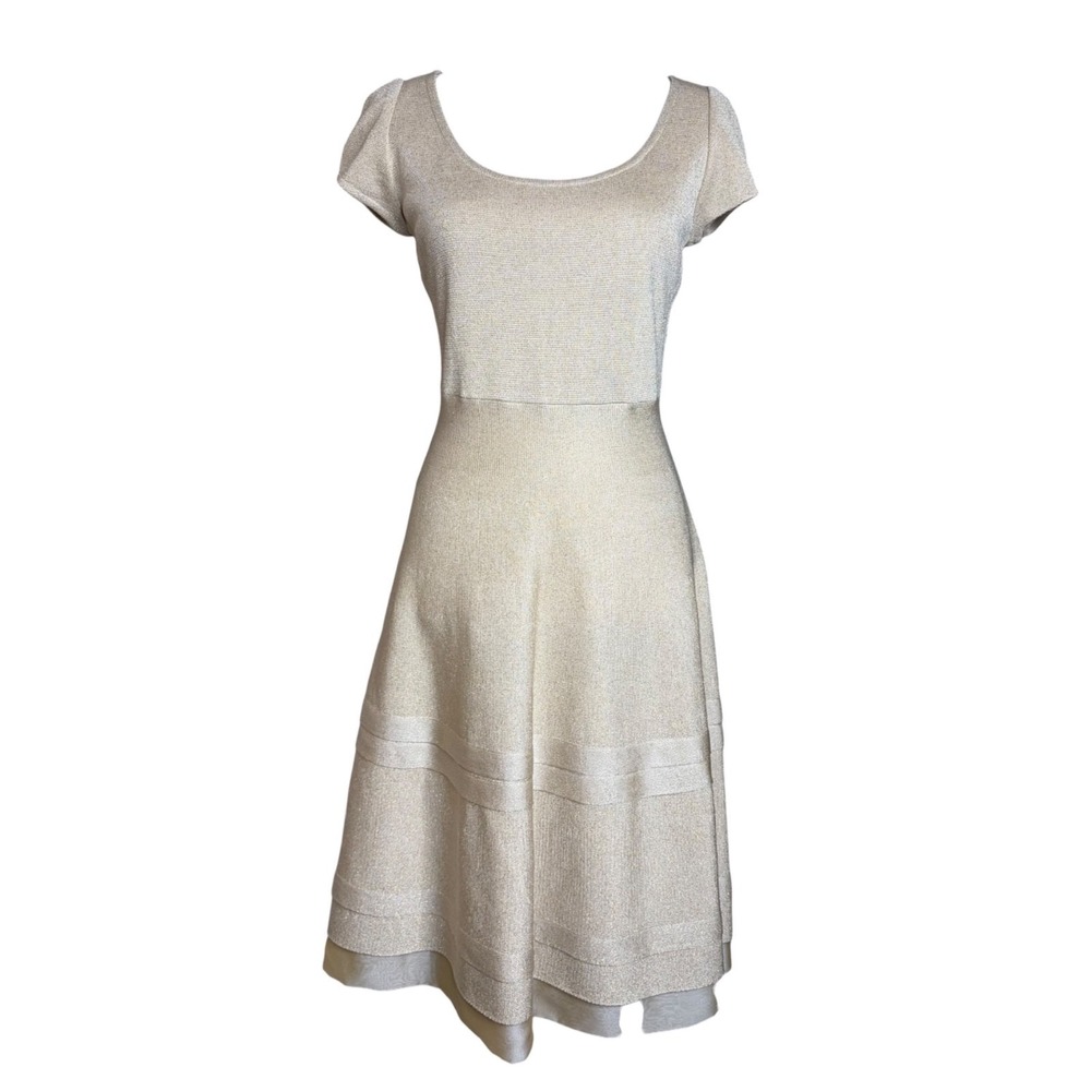 ST JOHN Gold Metallic Dress 8 Stretch Knit A-Line Quiet Luxury Wedding Guest - Picture 3 of 15
